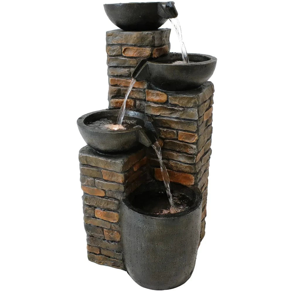 SunnyDaze Fountains Sunnydaze Staggered Pottery Bowls Tiered Outdoor Fountain with Lights - 34"