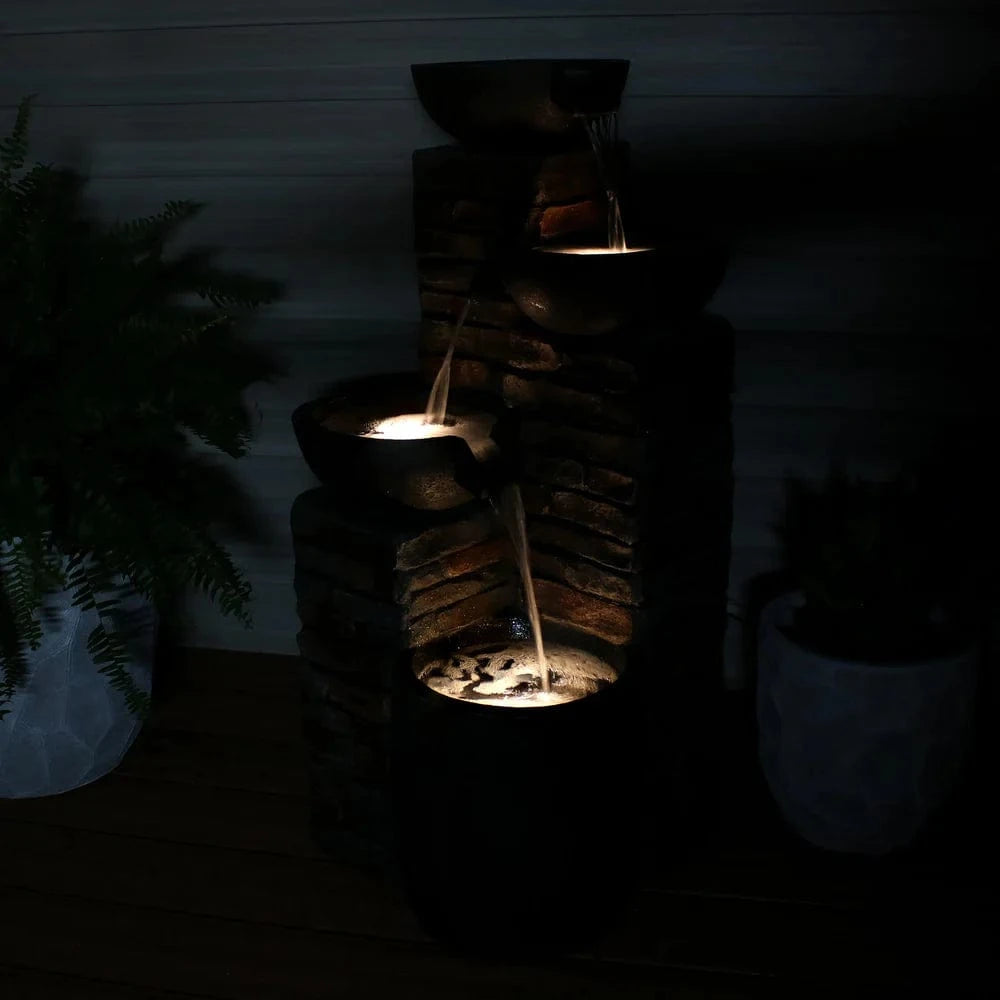 SunnyDaze Fountains Sunnydaze Staggered Pottery Bowls Tiered Outdoor Fountain with Lights - 34"