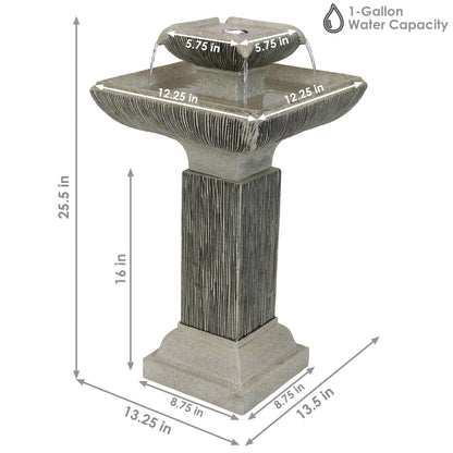 Sunnydaze 25" Square 2-Tier Outdoor Bird Bath Fountain with LED Lights