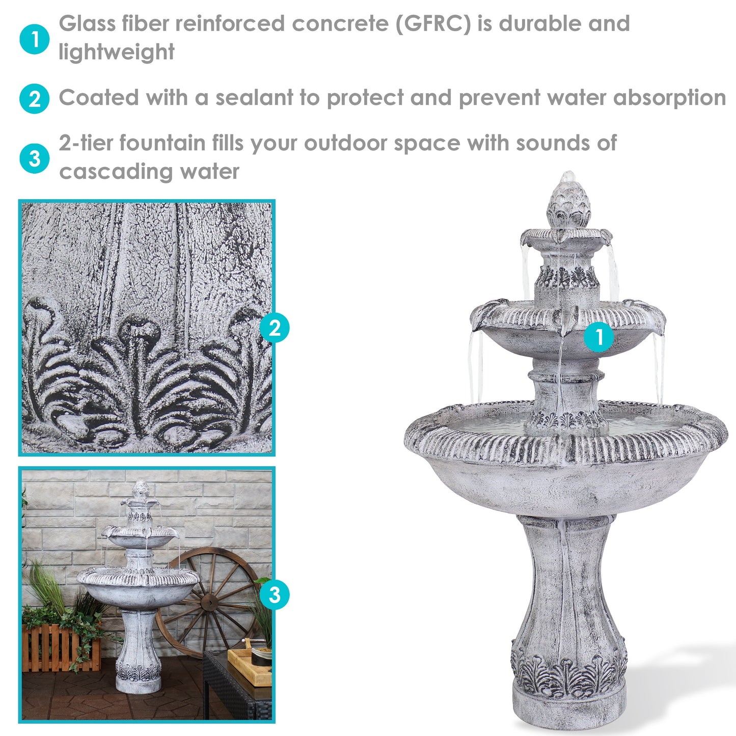 Sunnydaze 45" 3-Tier Outdoor Water Fountain Mediterranean Reinforced Concrete