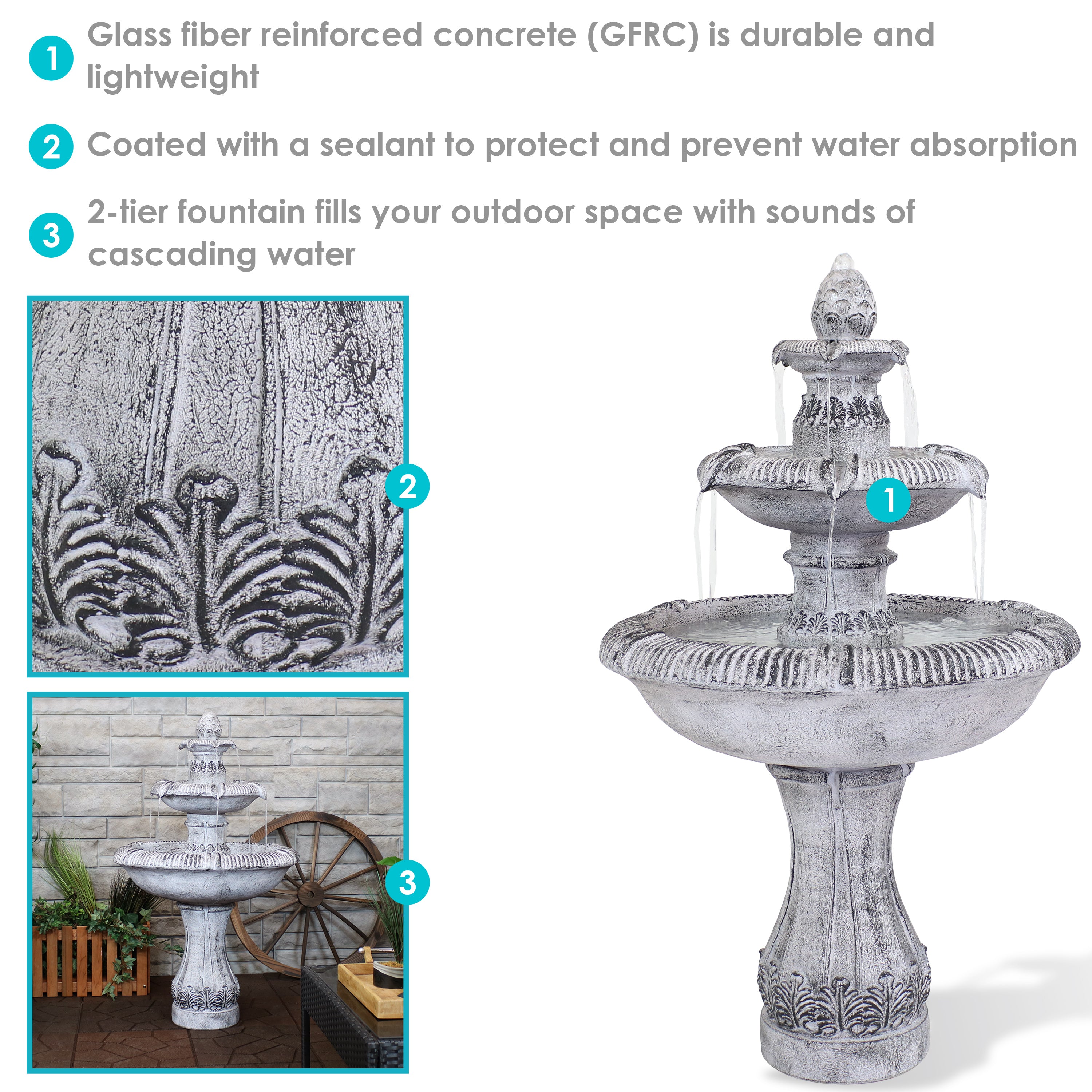 Sunnydaze 45" 3-Tier Outdoor Water Fountain Mediterranean Reinforced Concrete