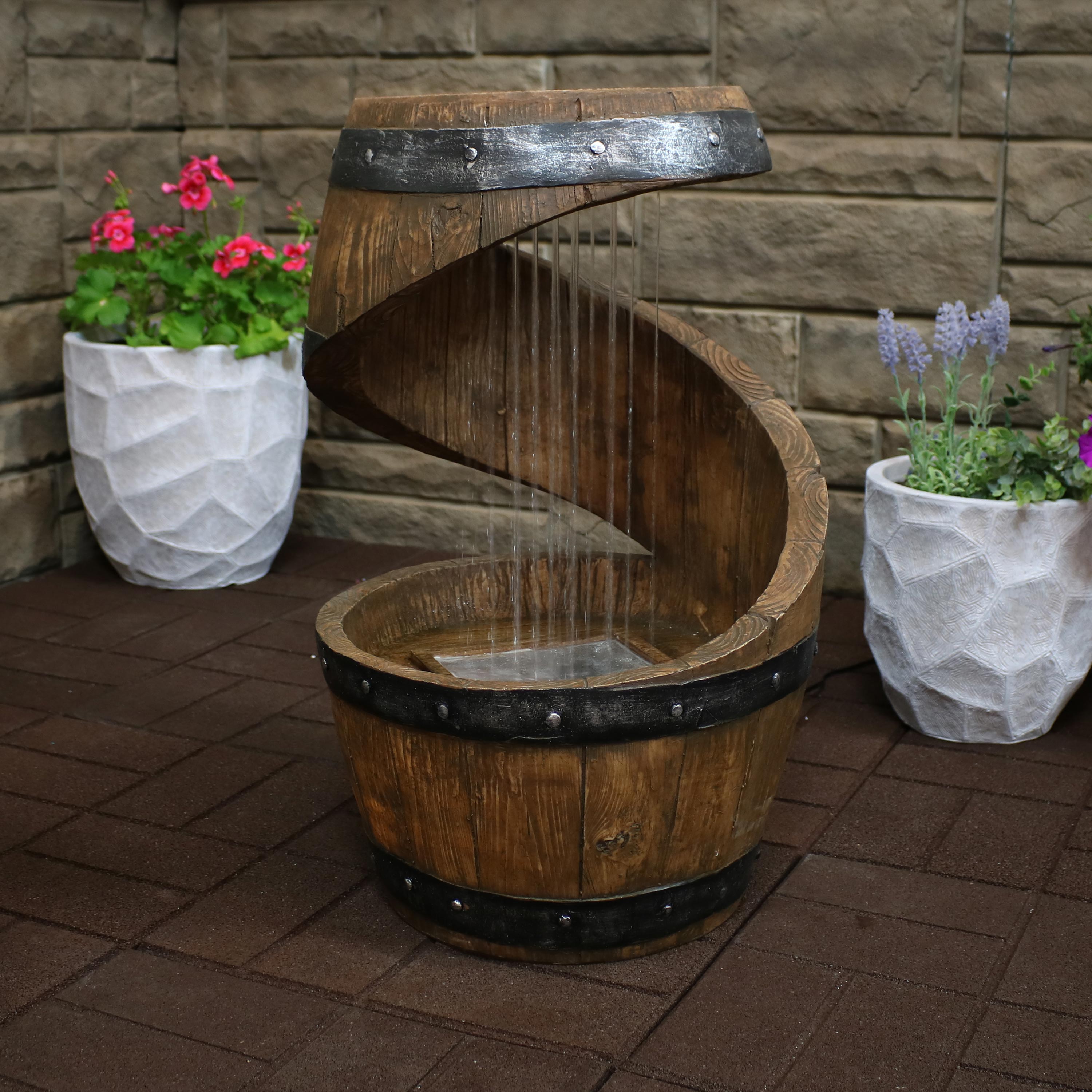 Sunnydaze 25" Spiraling Barrel Outdoor Water Fountain with LED Light