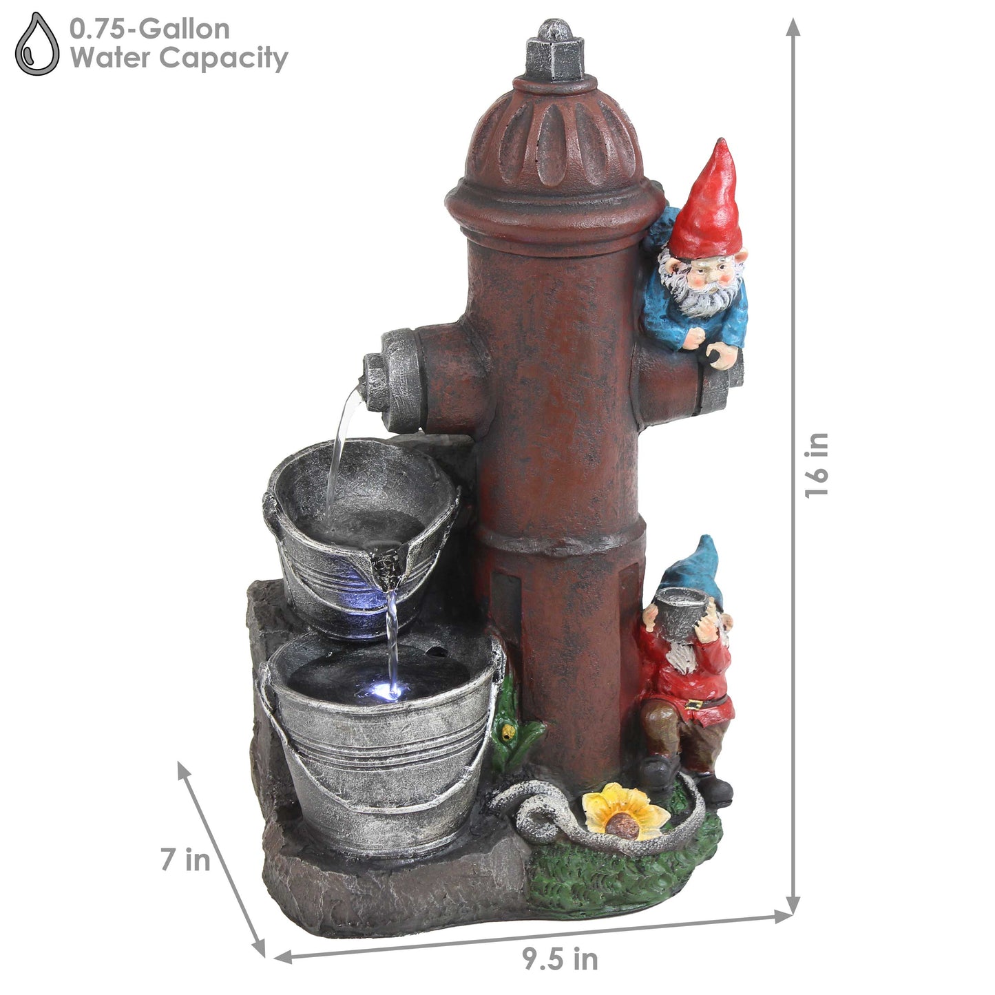 Sunnydaze 16" Fire Hydrant Gnomes Outdoor Water Fountain with LED Light
