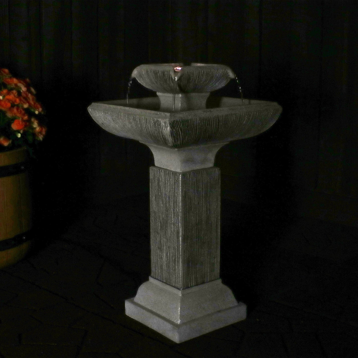 Sunnydaze 25" Square 2-Tier Outdoor Bird Bath Fountain with LED Lights
