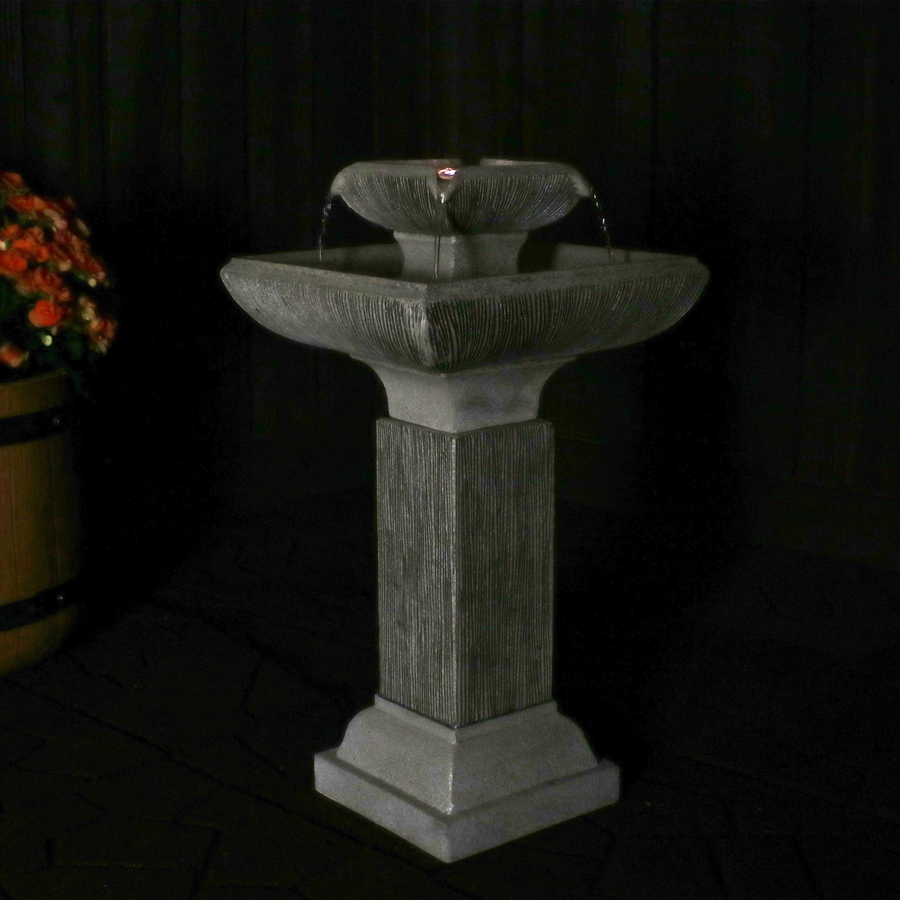 Sunnydaze 25" Square 2-Tier Outdoor Bird Bath Fountain with LED Lights