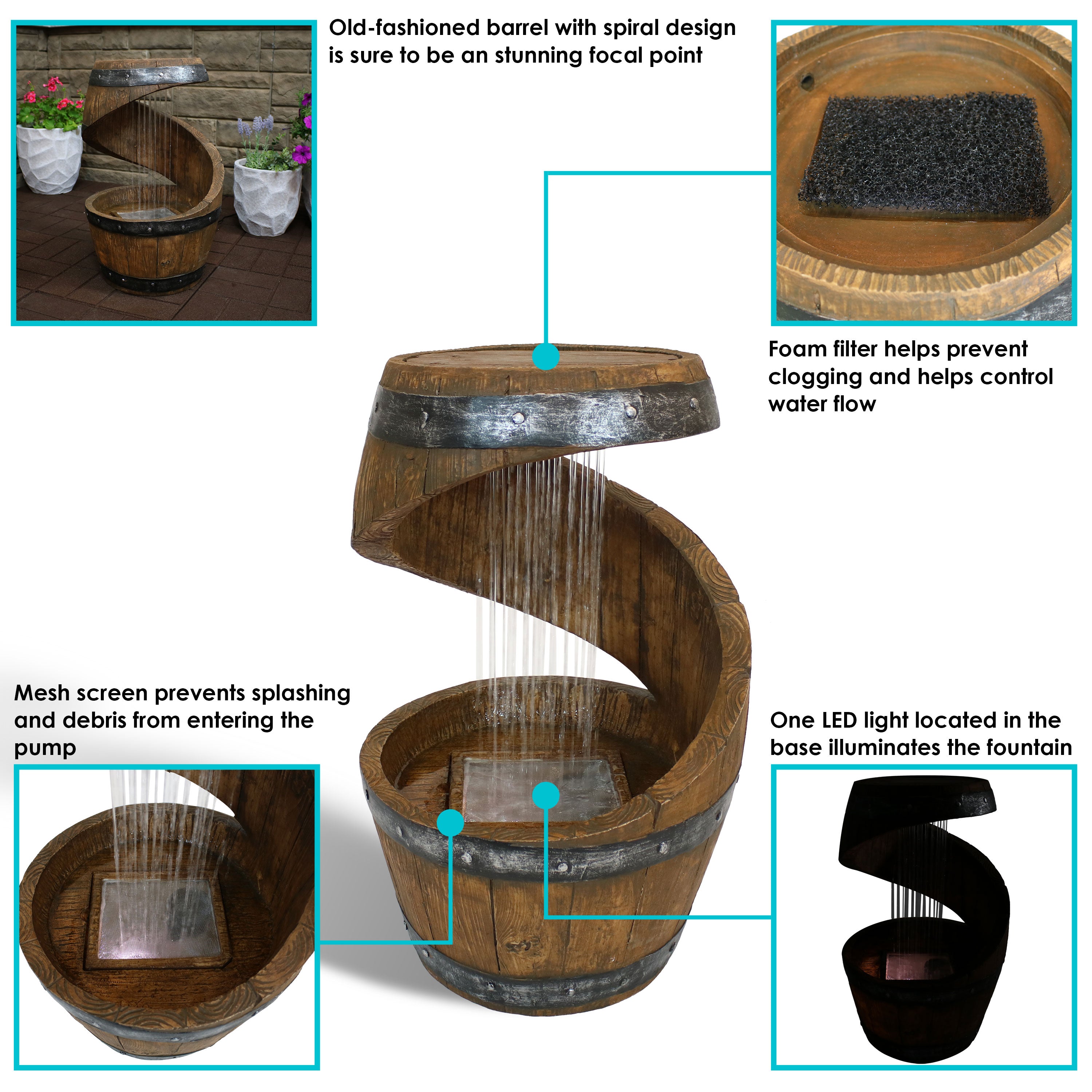 Sunnydaze 25" Spiraling Barrel Outdoor Water Fountain with LED Light