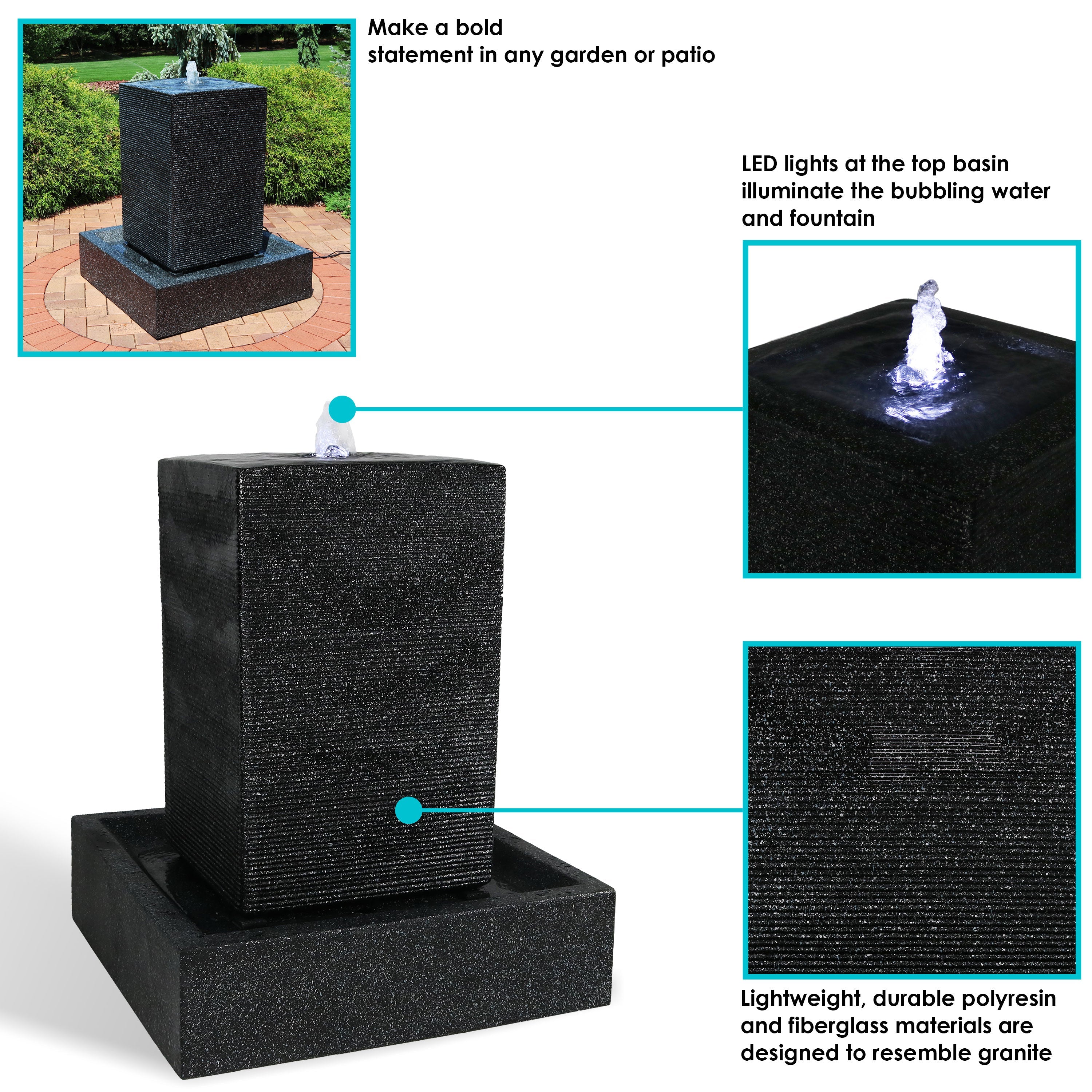 Sunnydaze Large Pillar 40" H Outdoor Water Fountain with LED Lights