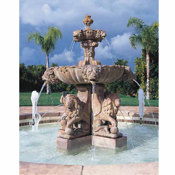 Fiore Stone 2 Tier Large Lion Fountain 257-F in Cast Stone