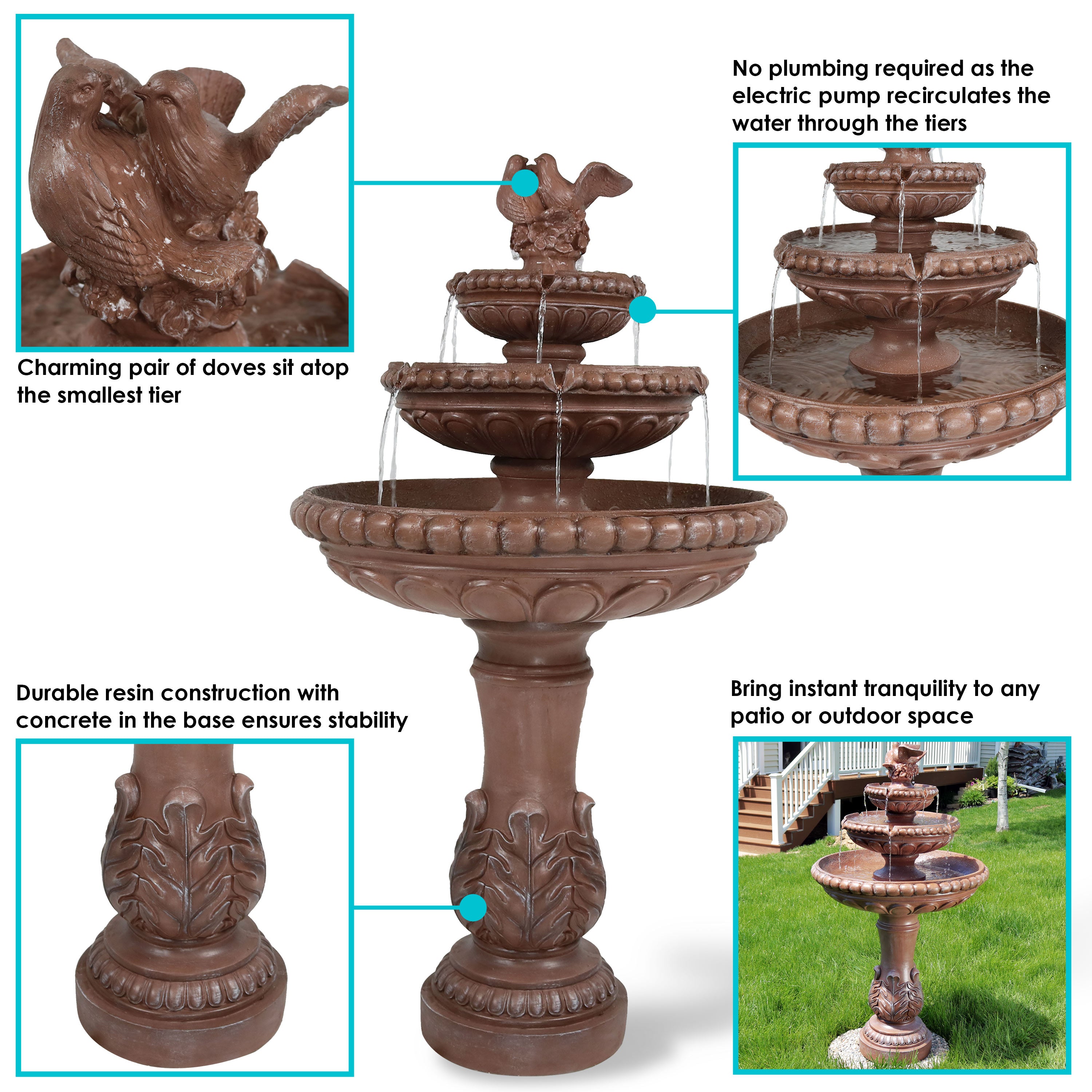Sunnydaze 43" H 3-Tier Dove Pair Outdoor Water Fountain