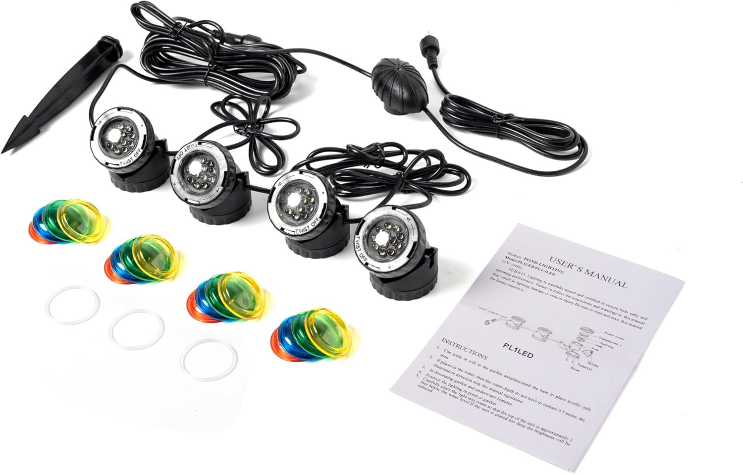 Underwater Fountain Pond Submersible LED Light with Photocell Sensor, Set of 4