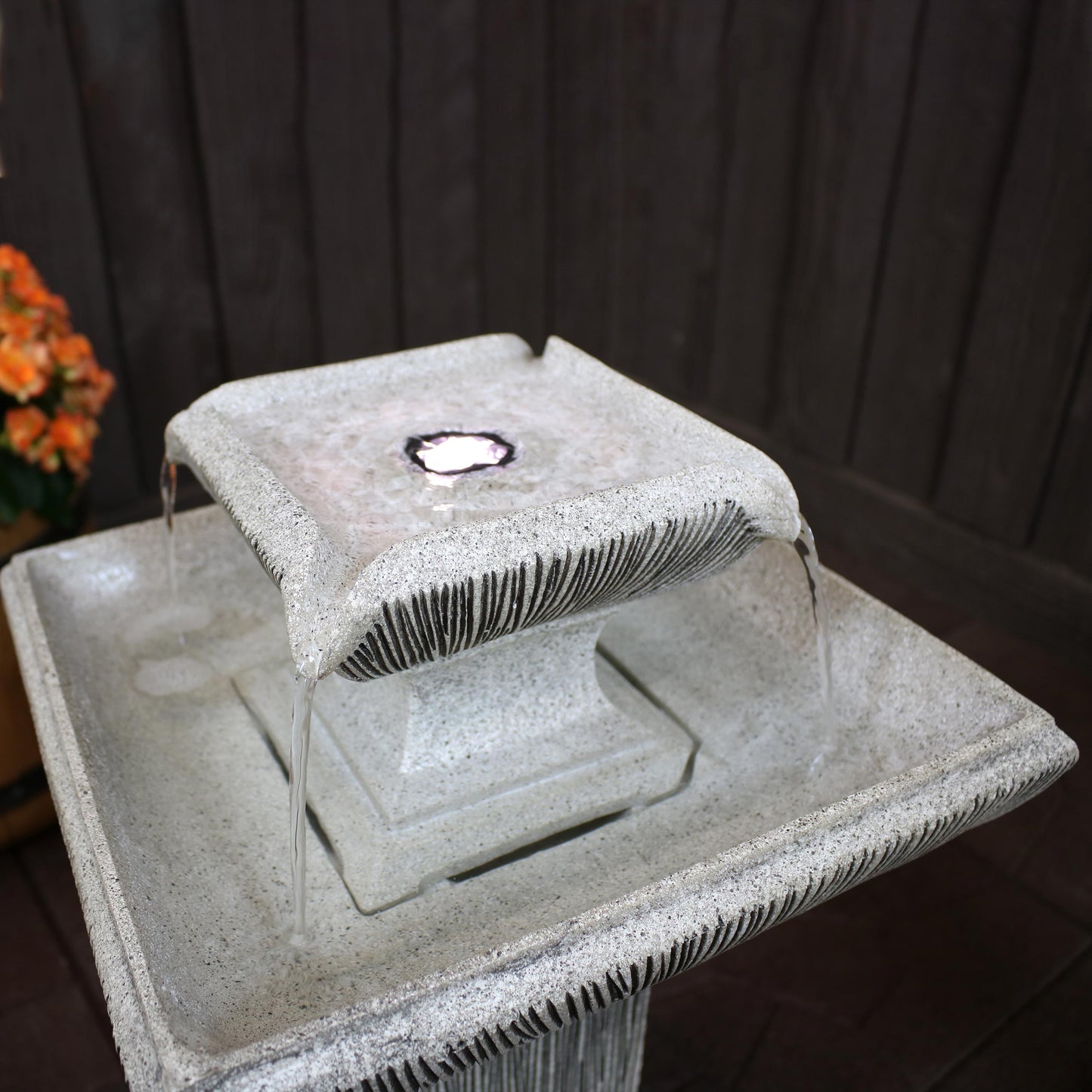 Sunnydaze 25" Square 2-Tier Outdoor Bird Bath Fountain with LED Lights