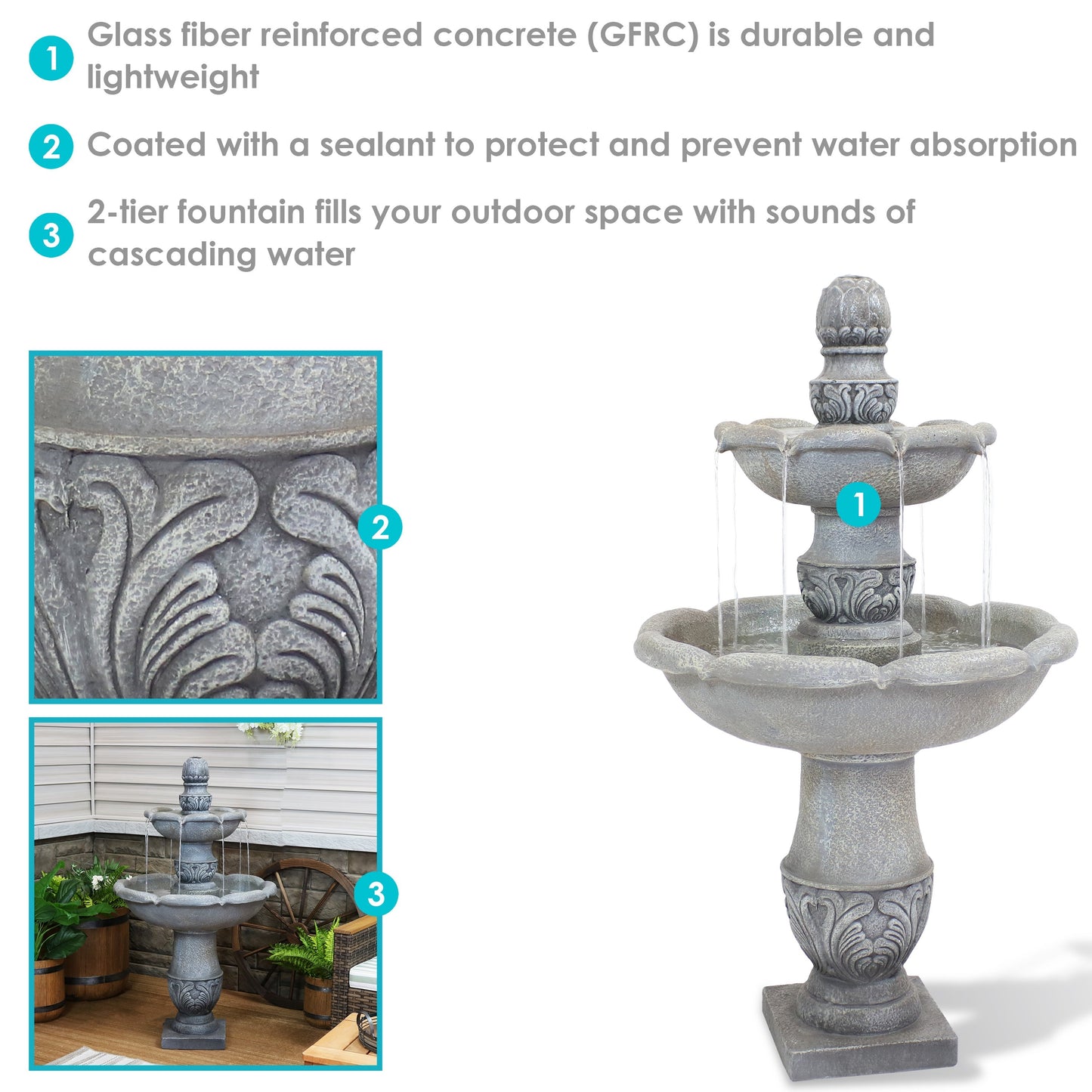 Sunnydaze 50" 2-Tier Outdoor Water Fountain French Garden Design