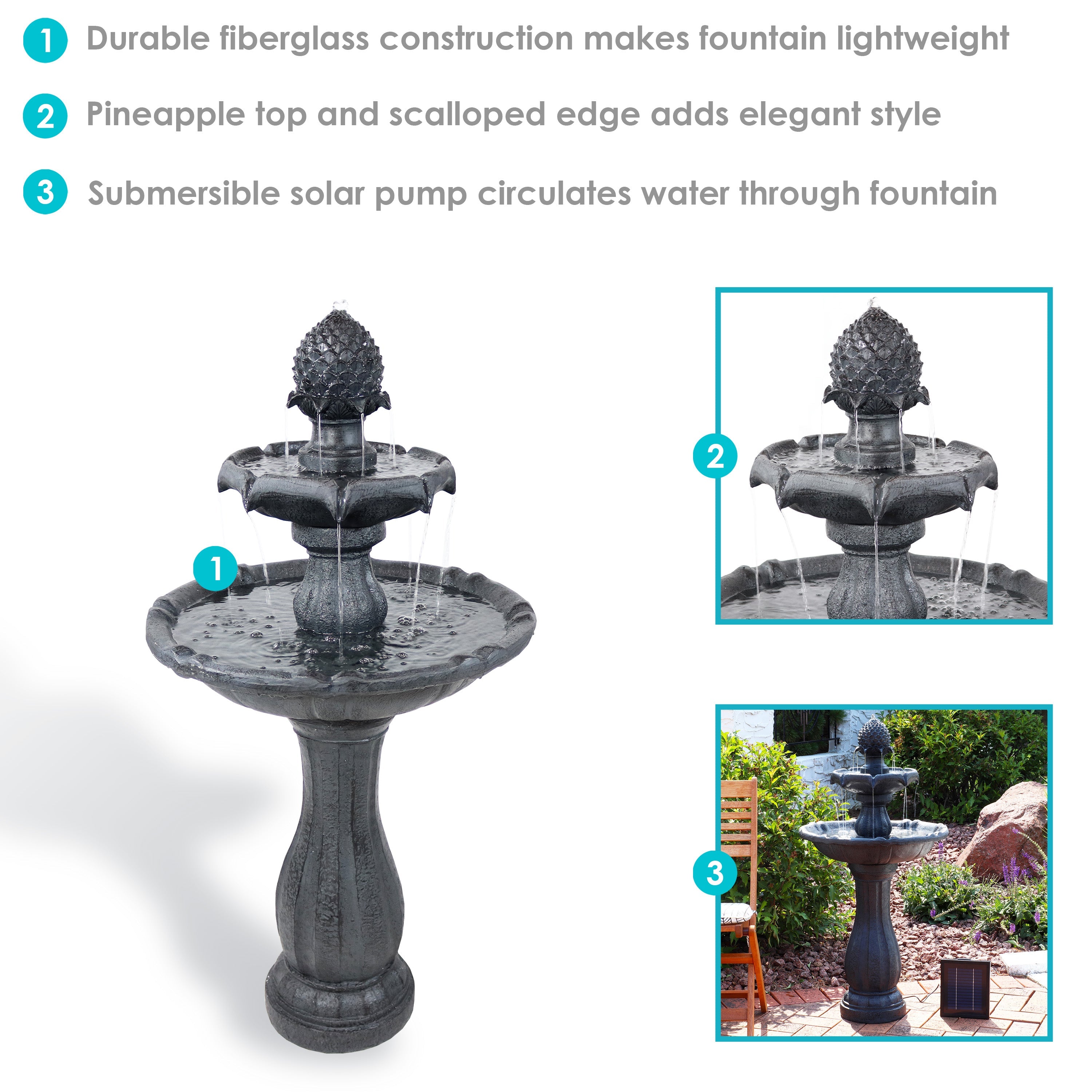Sunnydaze 2-Tier Pineapple 46" Solar Fountain with Battery Backup