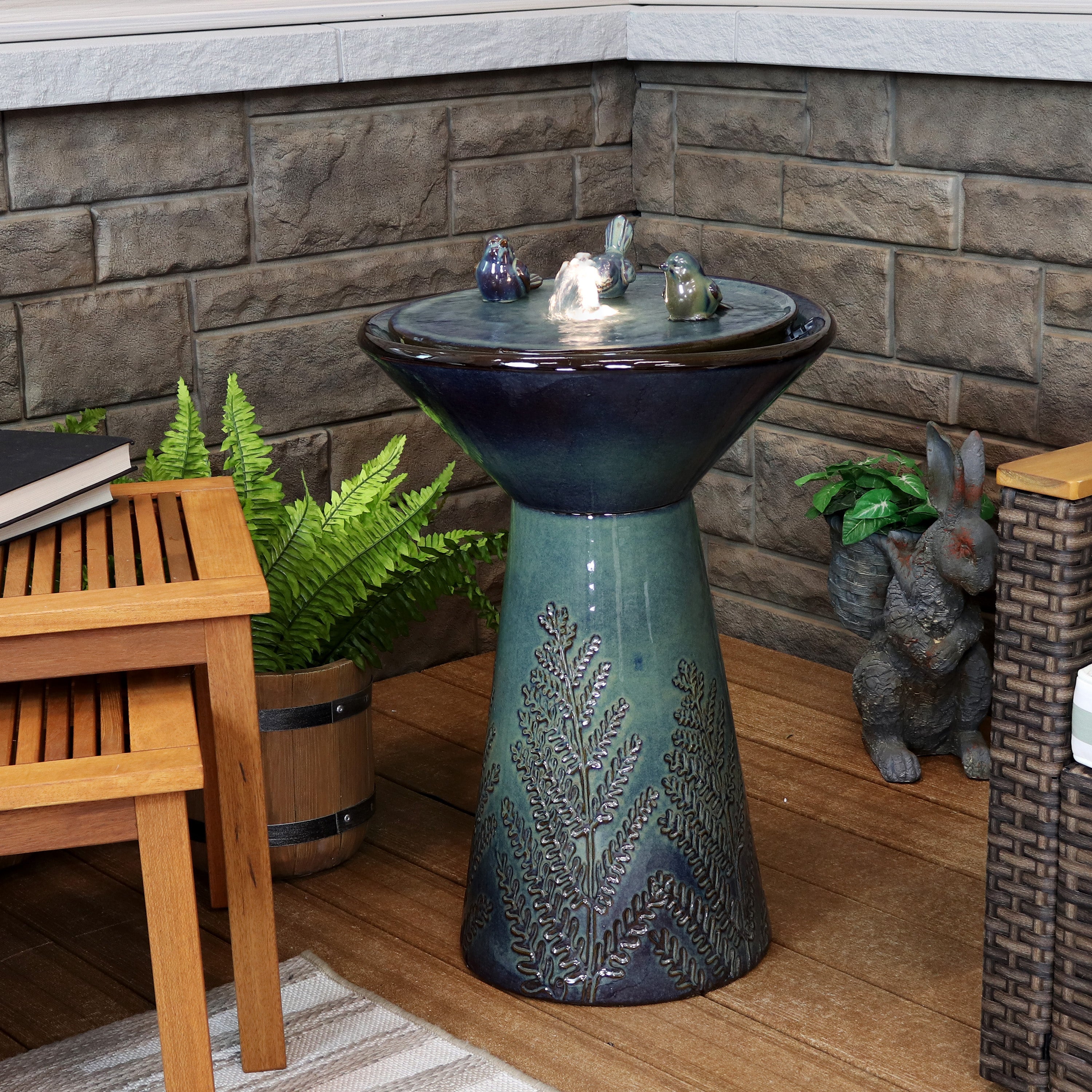 Sunnydaze 28.25" Gathering Birds Ceramic Outdoor Fountain with LED Lights