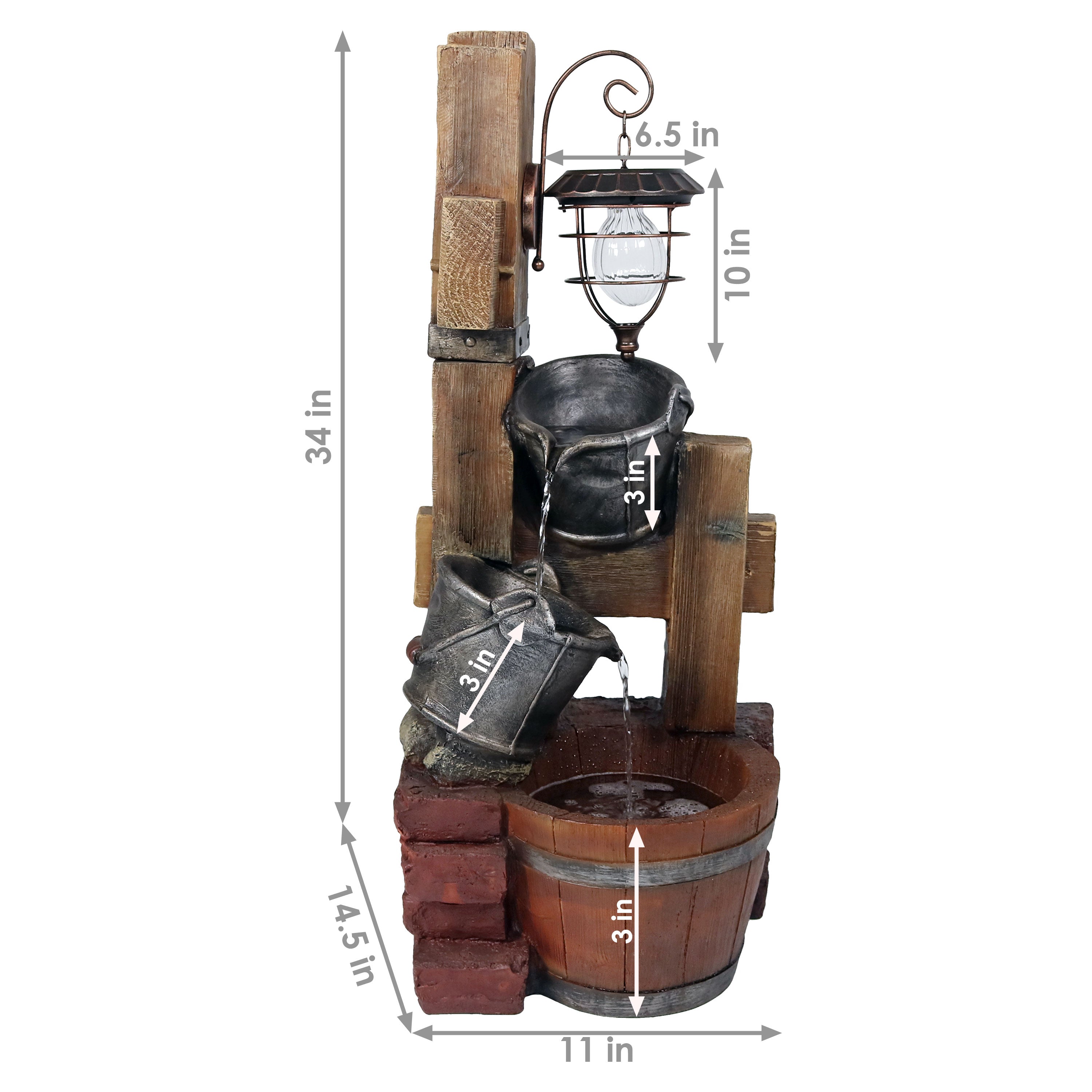 Sunnydaze 34" Rustic Pouring Buckets Outdoor Fountain with Solar Lantern