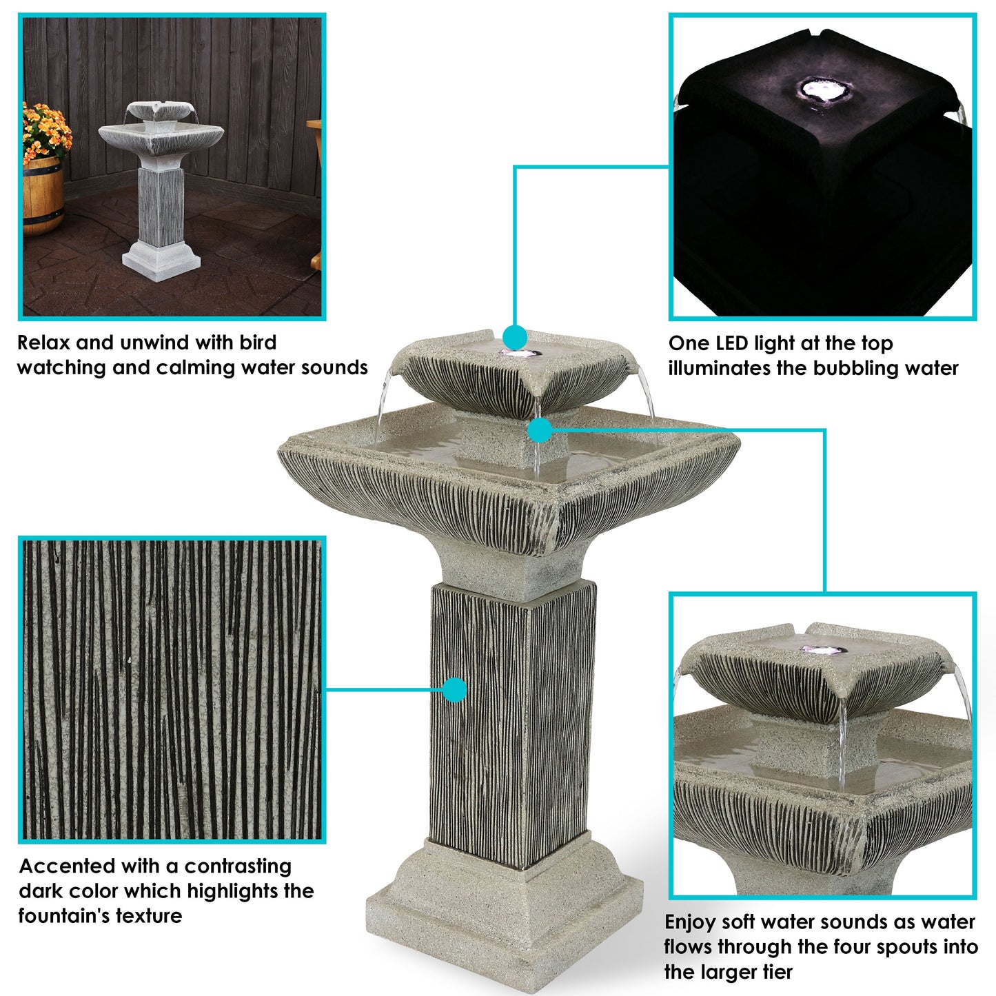 Sunnydaze 25" Square 2-Tier Outdoor Bird Bath Fountain with LED Lights