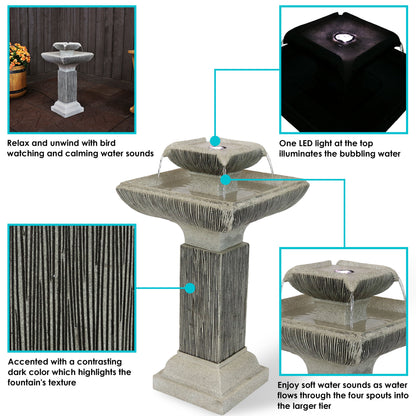 Sunnydaze 25" Square 2-Tier Outdoor Bird Bath Fountain with LED Lights