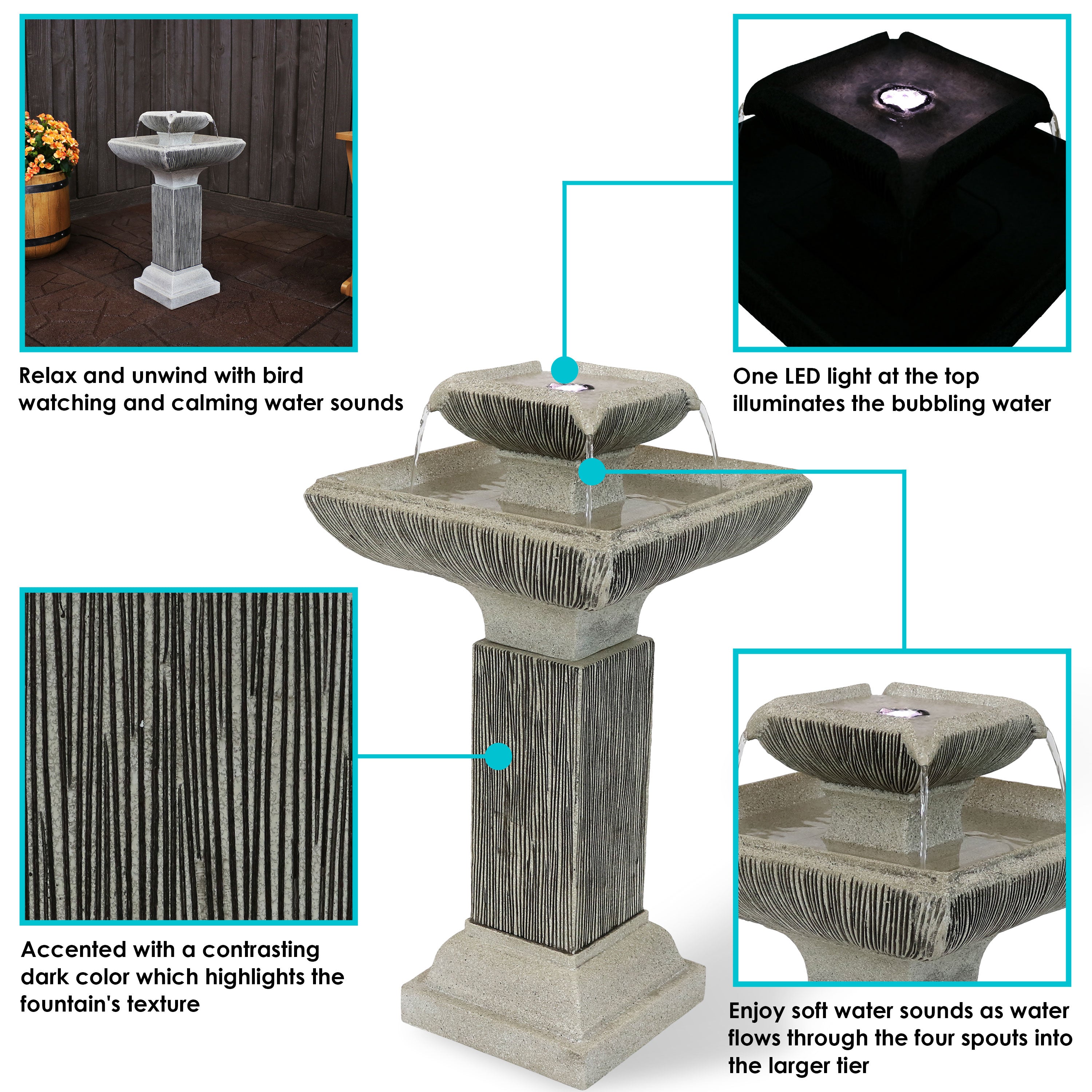 Sunnydaze 25" Square 2-Tier Outdoor Bird Bath Fountain with LED Lights