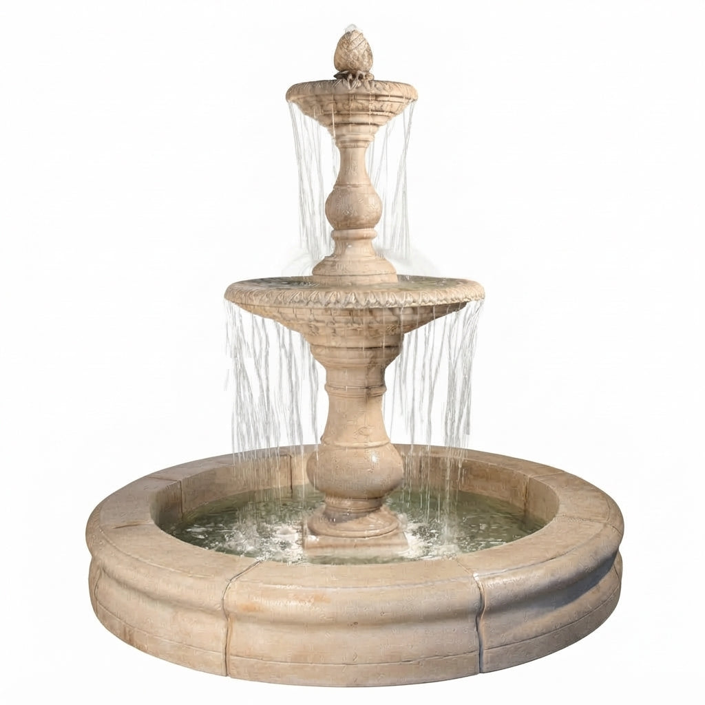 Fiore Stone Grand Vista 2 Tier Fountain with Fiore Basin 2094-FRG in Cast Stone
