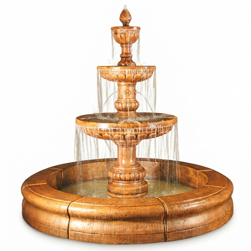Fiore Stone Mediterranean 3 Tier Fountain with Fiore Basin LG134-FCRG in Cast Stone