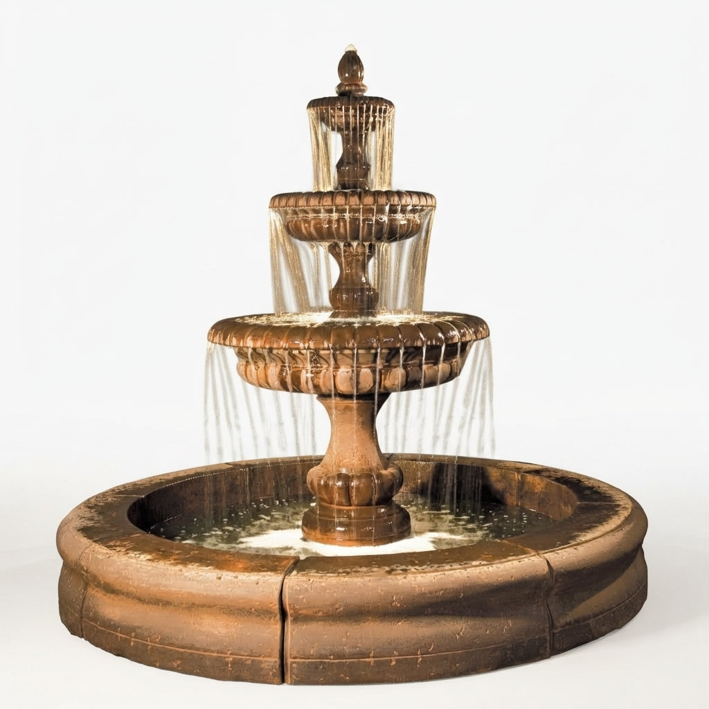 Fiore Stone Pioggia Large 3 Tier Fountain with Basin LG163-FR in Cast Stone
