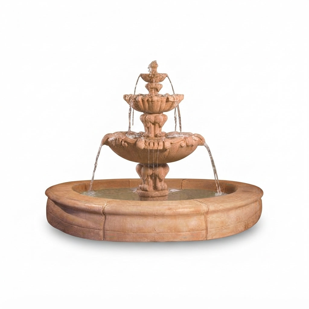 Fiore Stone Vesuvio 3 Tier Fountain with Fiore Basin 2080-FRG in Cast Stone