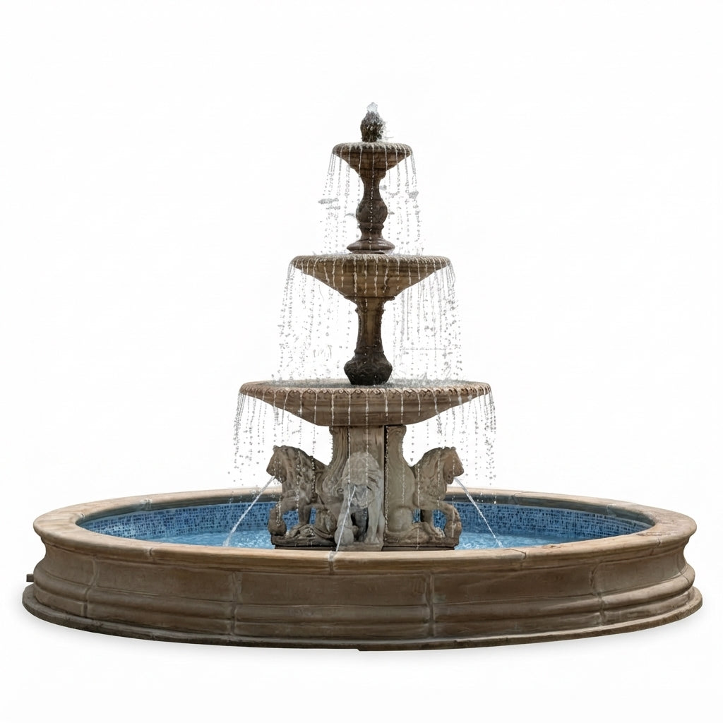 Fiore Stone Four Seasons 3-Tier Fountain with lion Pedestals and 16 ft. Bracci Basin 2134-FL16 in Cast Stone