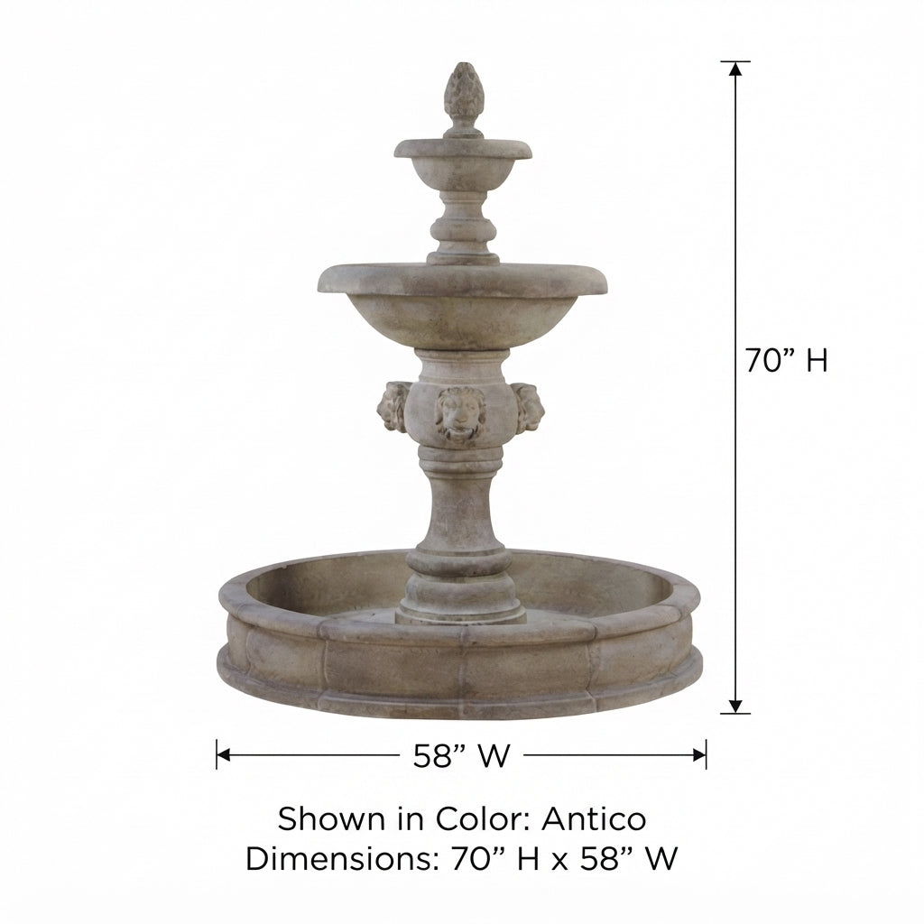 Giannini Garden Quattro Lion Head 2-Tiered Outdoor Courtyard Fountain with Basin 1227