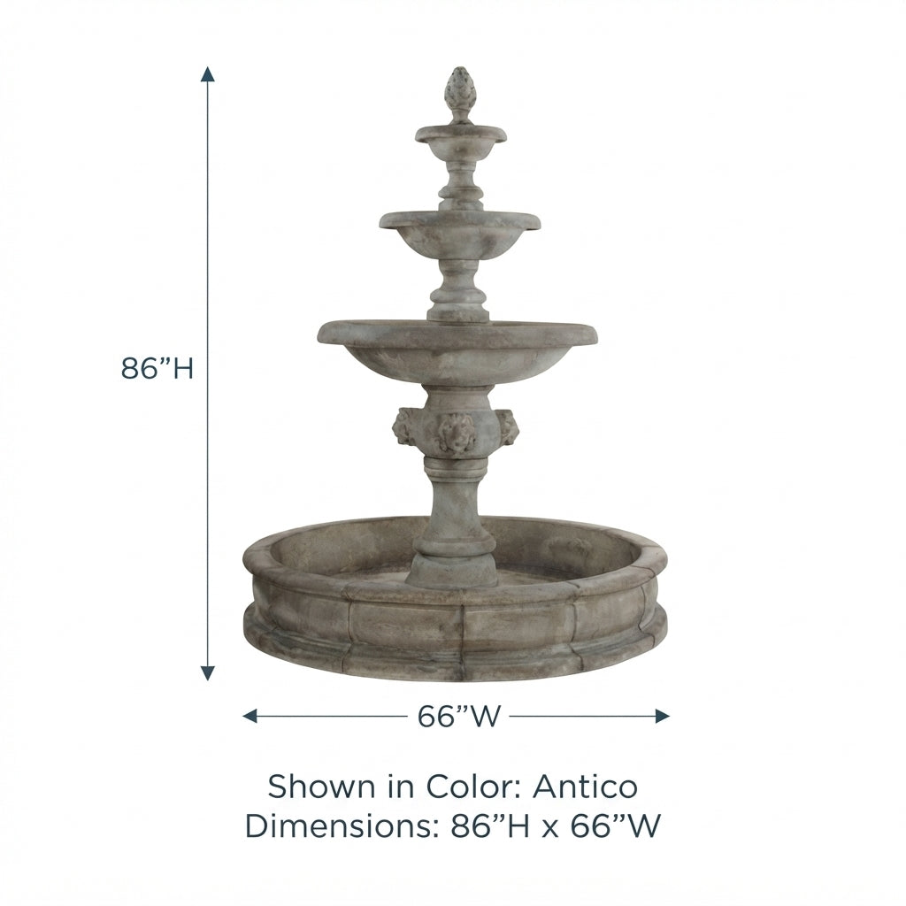 Giannini Garden Quattro Lion Head 3-Tier Outdoor Courtyard Fountain with Basin 1228