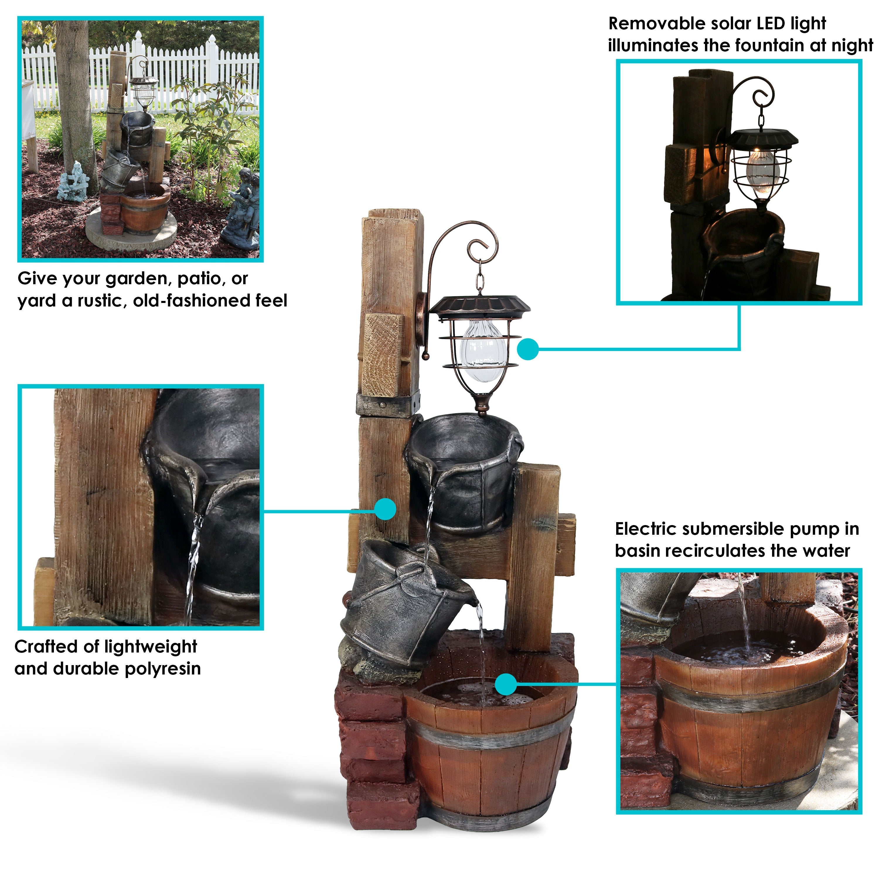 Sunnydaze 34" Rustic Pouring Buckets Outdoor Fountain with Solar Lantern