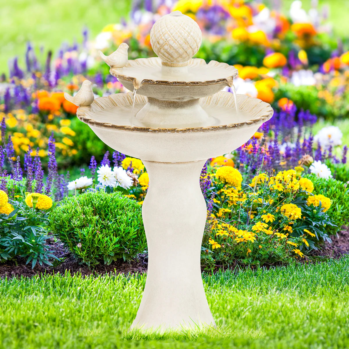 Sunnydaze 27" Resting Birds 2-Tier Ceramic Outdoor Water Fountain SSS-382