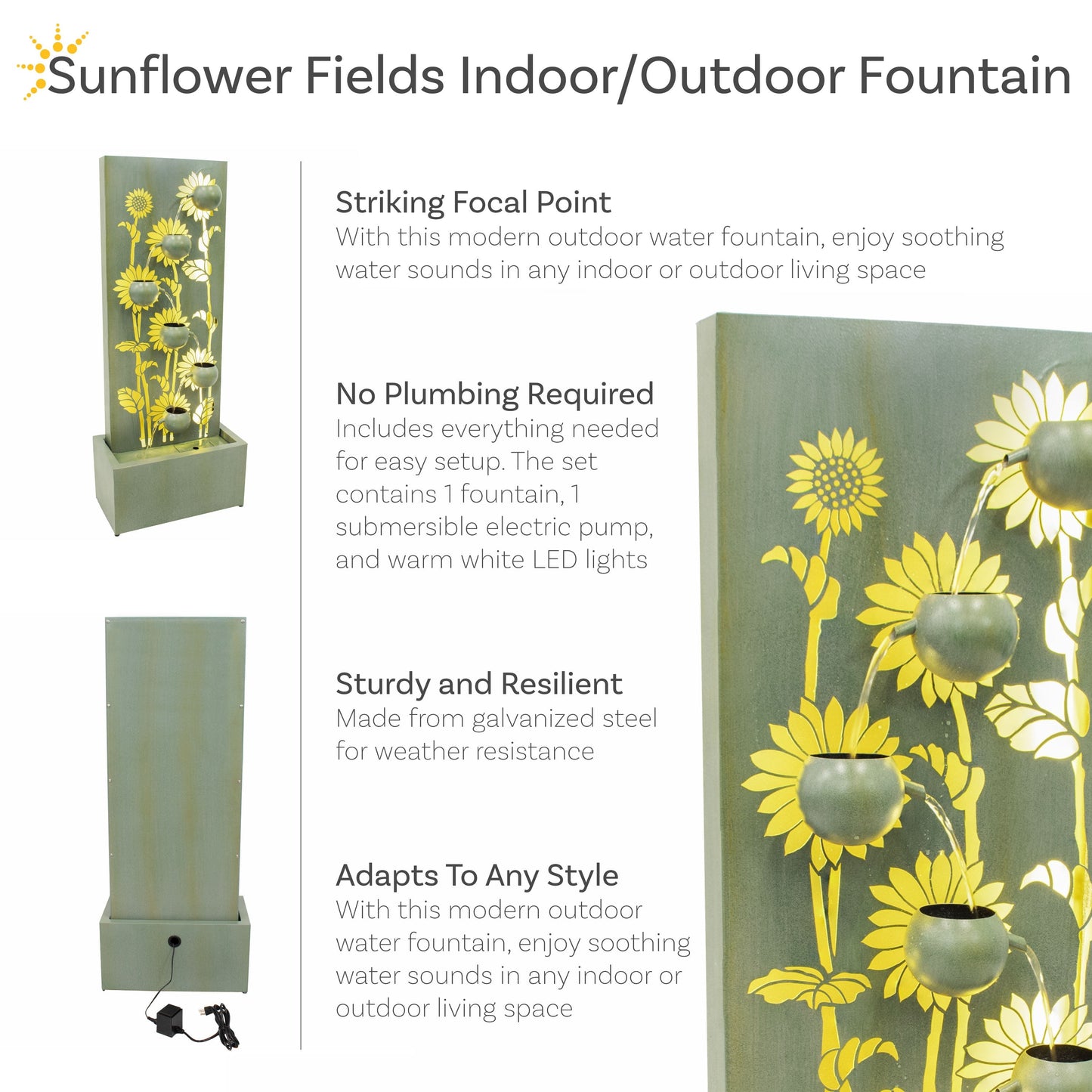 Sunnydaze 48.5" Sunflower Fields Outdoor Water Fountain with Lights
