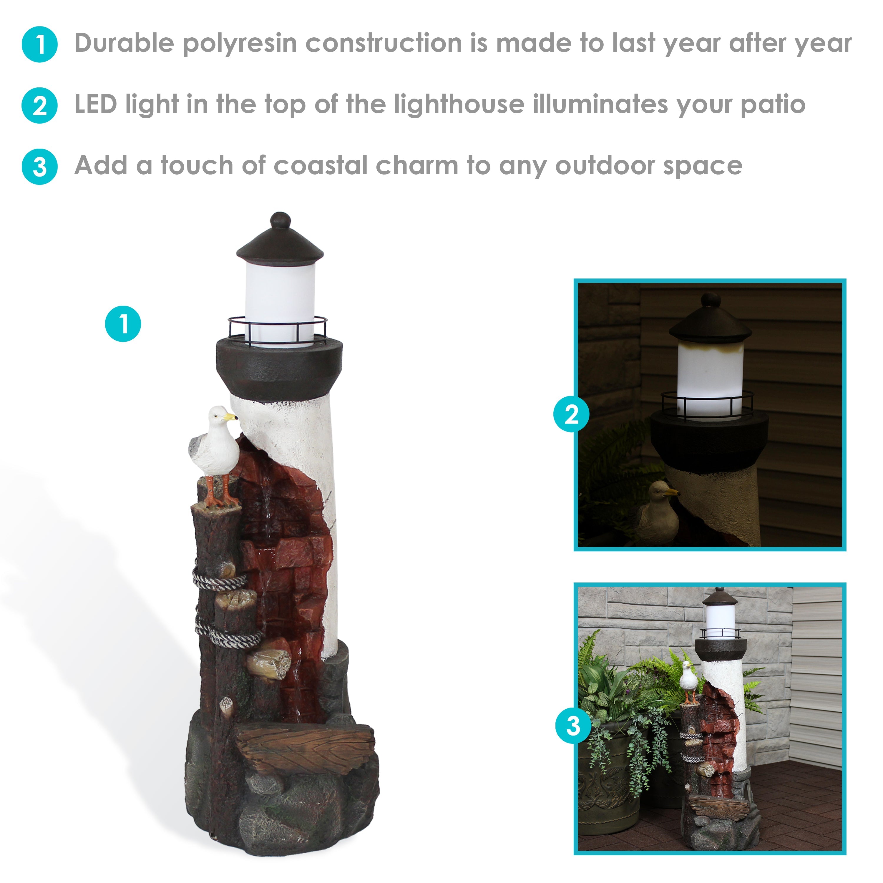 Sunnydaze Gull's Cove 36" Outdoor Lighthouse Fountain with LED Light
