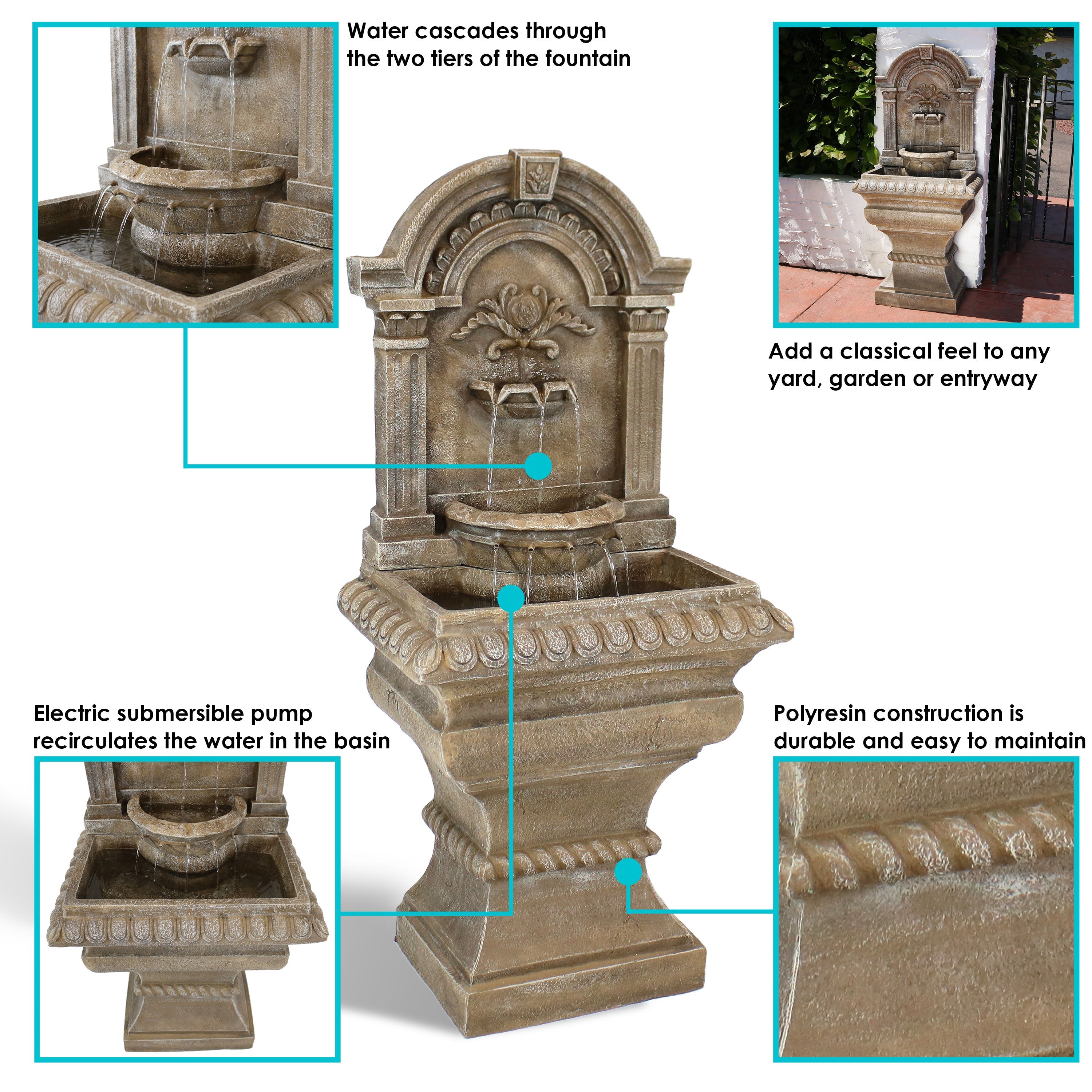 Sunnydaze 51" Ornate Lavello Outdoor Water Fountain with Electric Submersible Pump