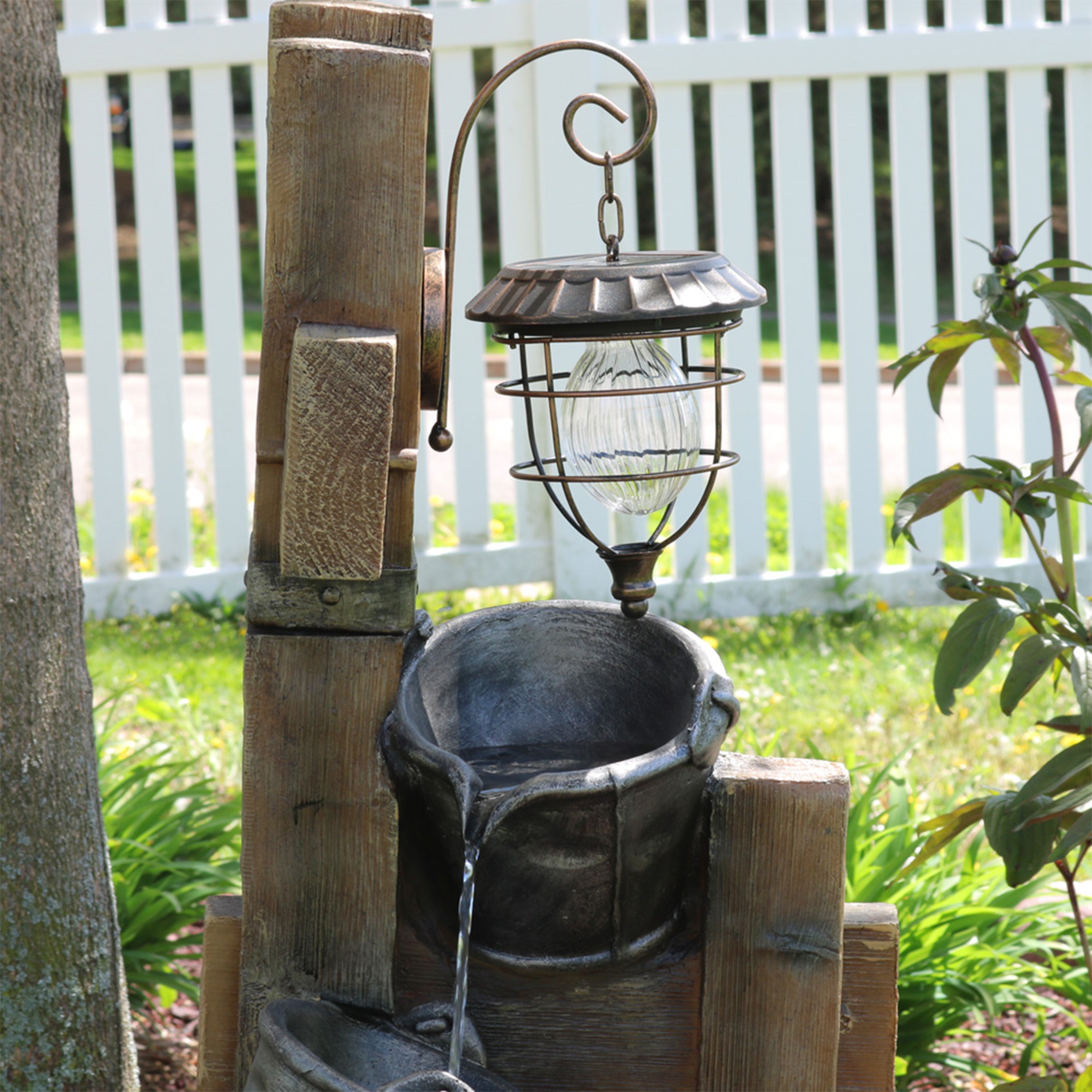 Sunnydaze 34" Rustic Pouring Buckets Outdoor Fountain with Solar Lantern