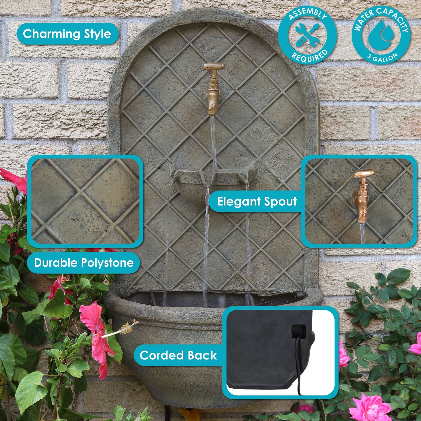Sunnydaze 26" H Messina Solar Wall Fountain with Battery Backup