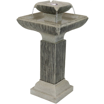 Sunnydaze 25" Square 2-Tier Outdoor Bird Bath Fountain with LED Lights