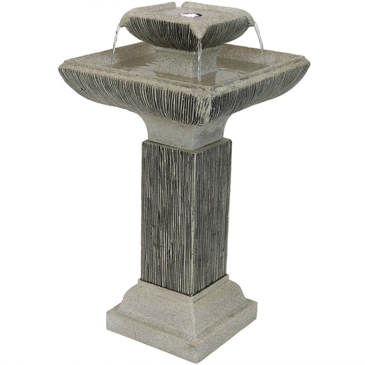 Sunnydaze 25" Square 2-Tier Outdoor Bird Bath Fountain with LED Lights