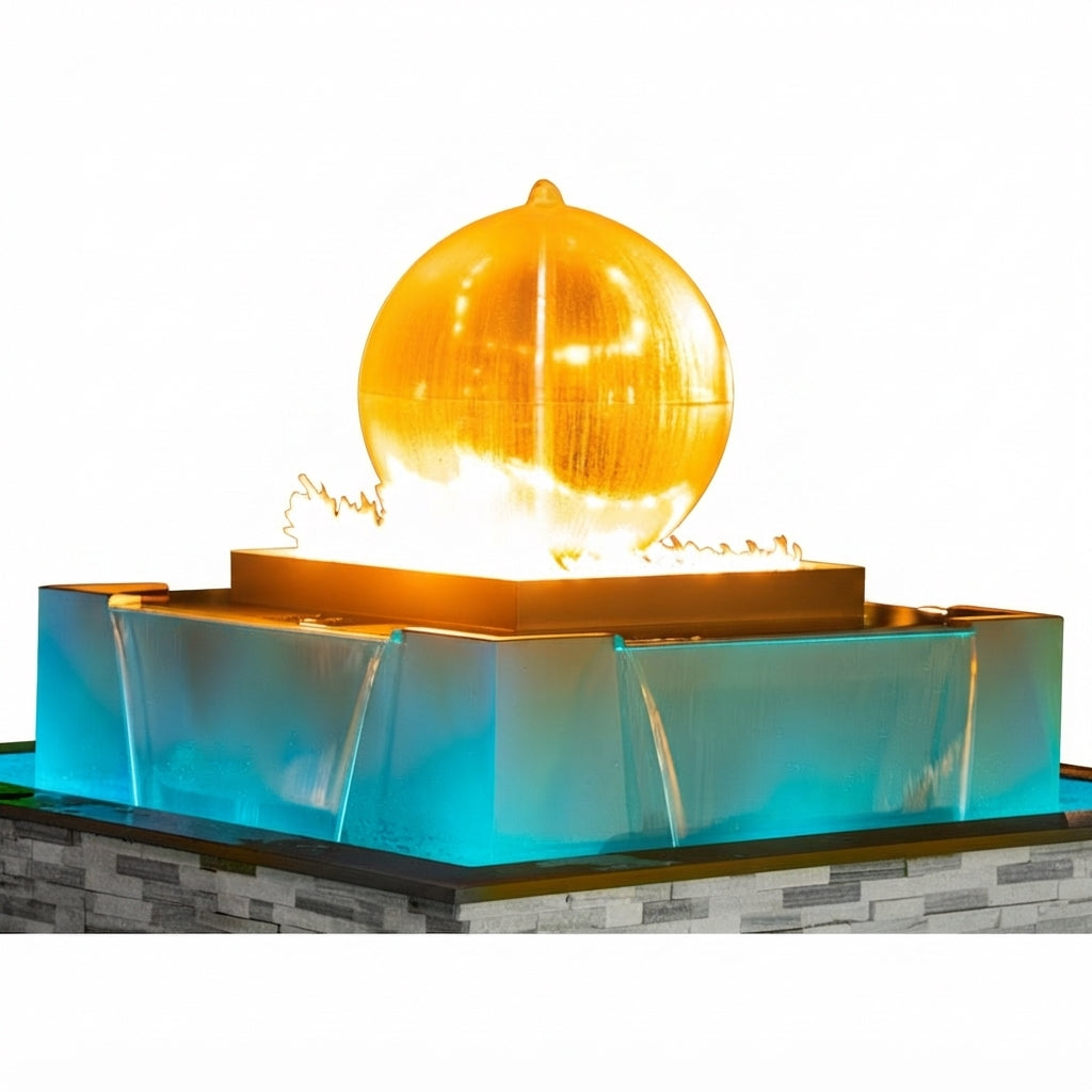 The Outdoor Plus 84" Atlas Sphere Top Square 4-way Spill Self-Contained Unit Fire & Water Fountain