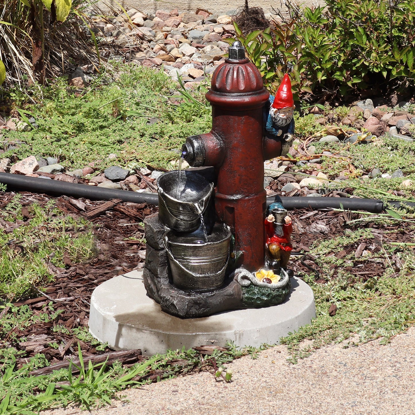 Sunnydaze 16" Fire Hydrant Gnomes Outdoor Water Fountain with LED Light