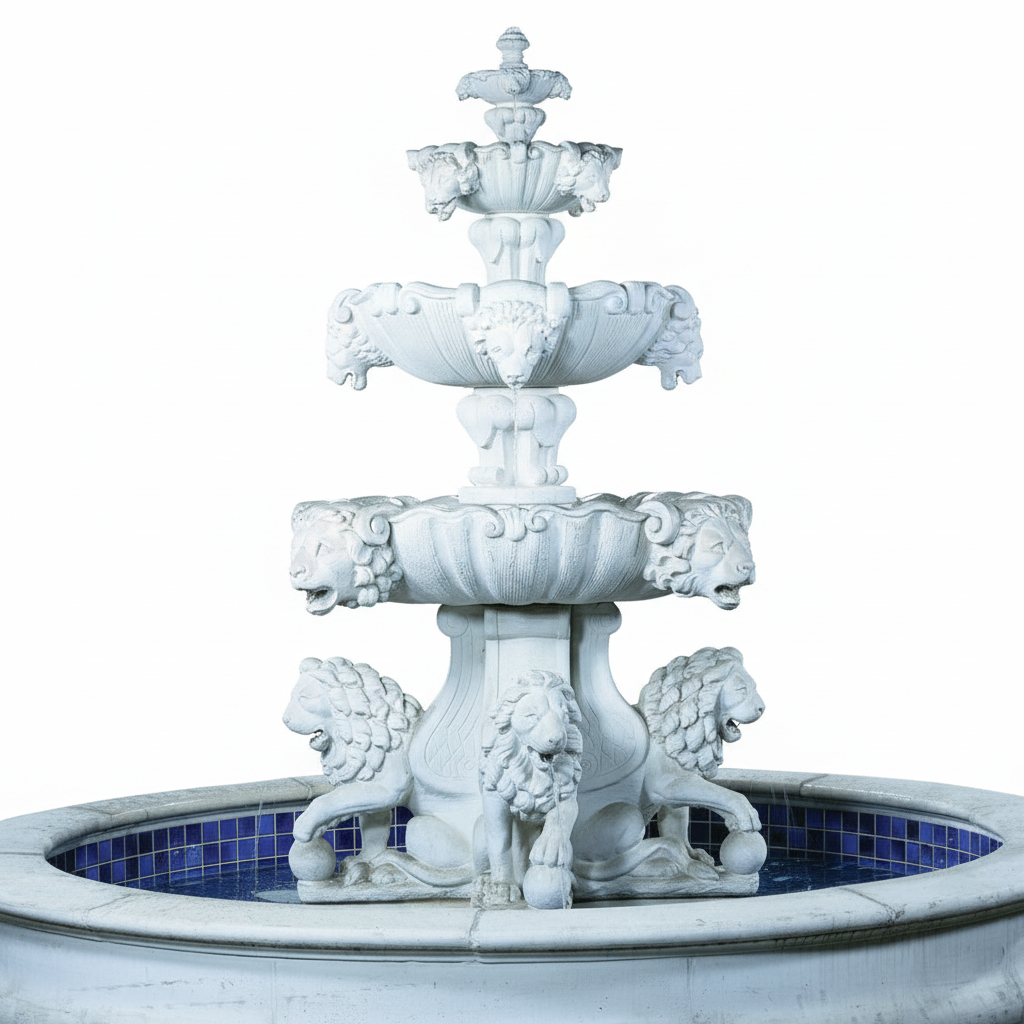 Fiore Stone 4 Tier Large Lion Fountain With Lion Pedestals 258-FLCP in Cast Stone