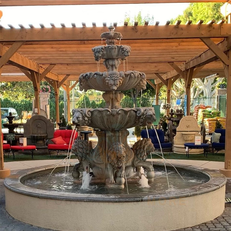 Fiore Stone 4 Tier Large Lion Fountain With Lion Pedestals 258-FLCP in Cast Stone