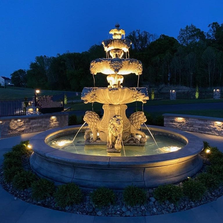Fiore Stone 4 Tier Large Lion Fountain With Lion Pedestals 258-FLCP in Cast Stone