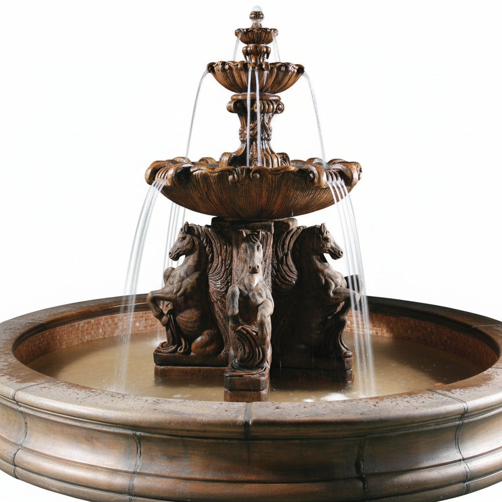 Fiore Stone Cavalli 2 Tier Fountain with Bracci Basin 2136-F12 in Cast Stone 2136-F12