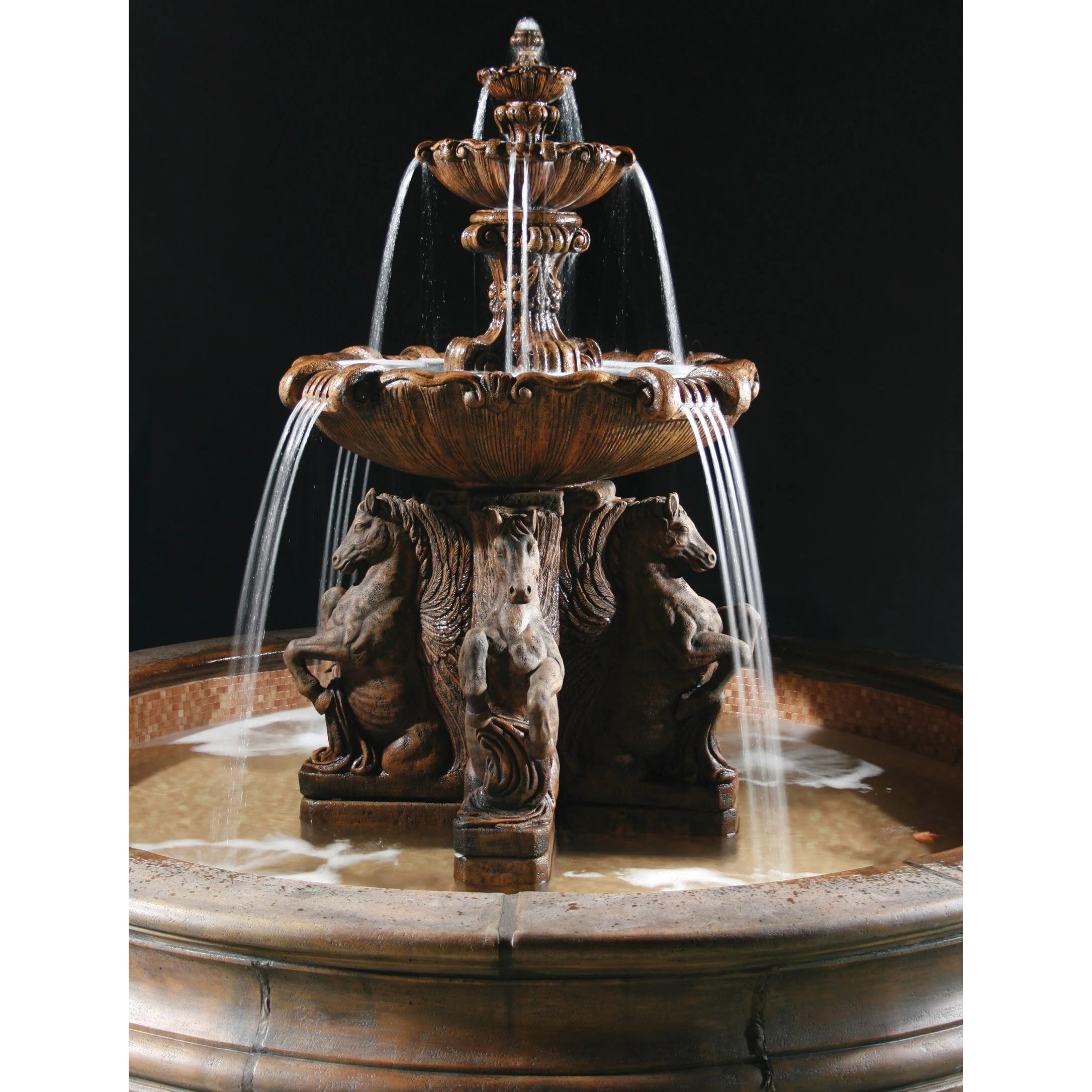 Fiore Stone Cavalli 2 Tier Fountain with Bracci Basin 2136-F12 in Cast Stone