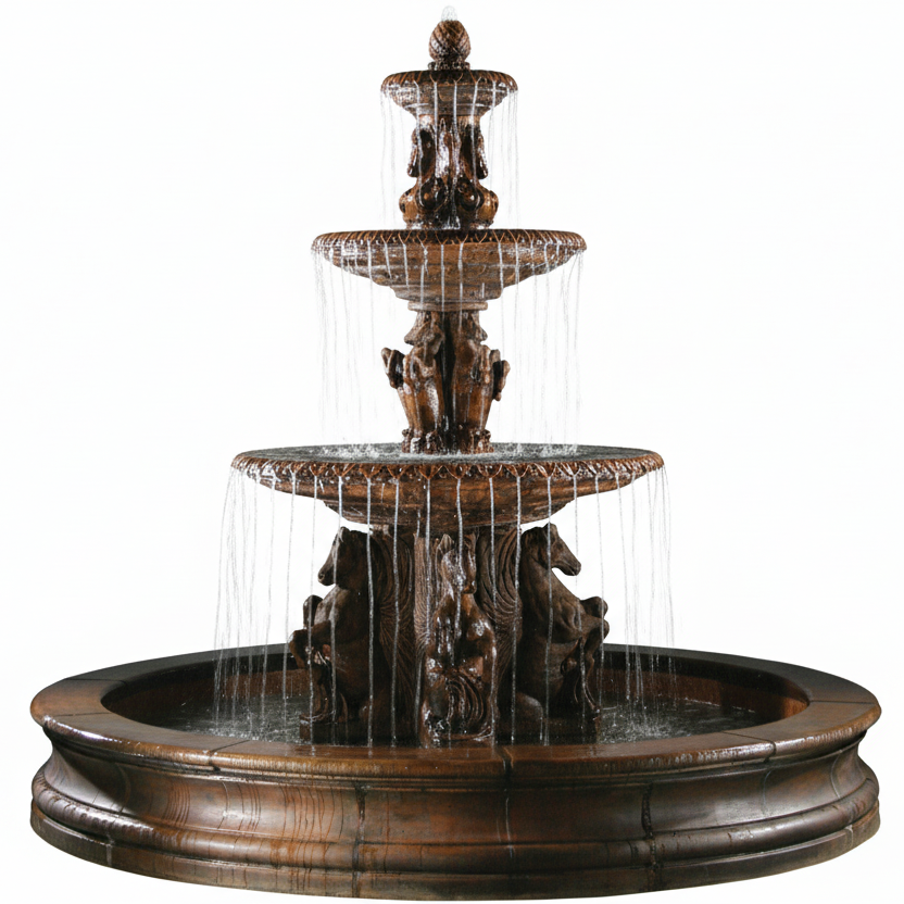 Fiore Stone Cavalli 3 Tier Fountain with 12 ft. Bracci Basin 2133-F12 in Cast Stone