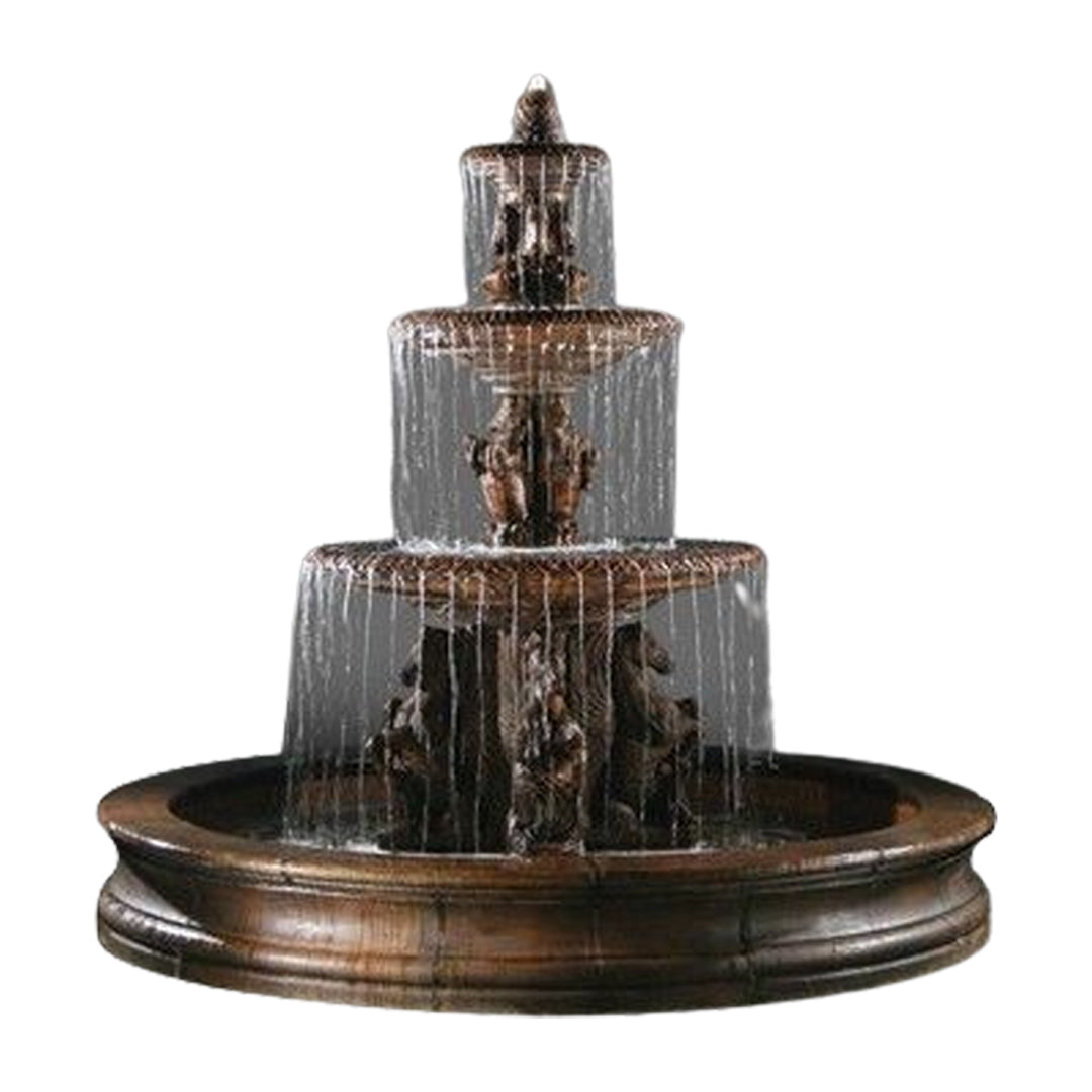 Fiore Stone Cavalli 3 Tier Fountain with 12 ft. Bracci Basin 2133-F12 in Cast Stone 2133-F12
