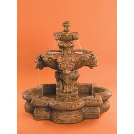 Fiore Stone Courtyard Lion Fountain with Basin 257-FSQ in Cast Stone 257-FSQ