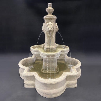 Fiore Stone Diamante Lion Head Fountain with 66" Quatrefoil Basin 272-FAQ in Cast Stone 272-FAQ