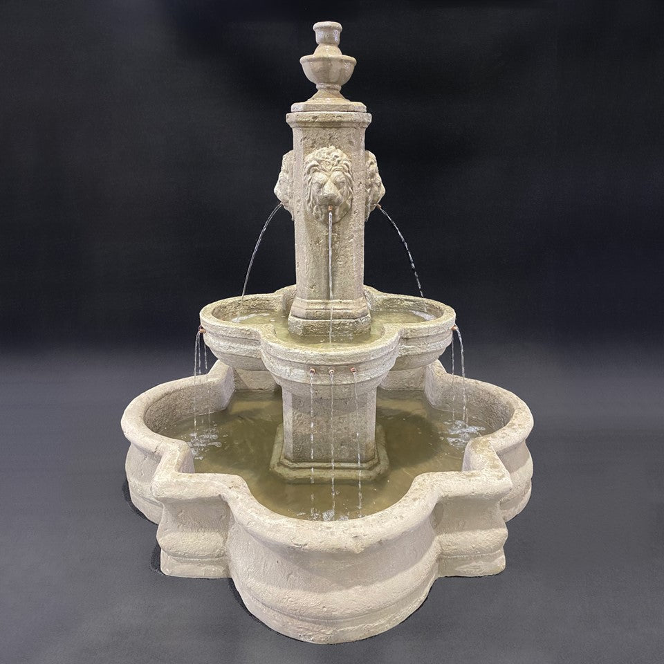 Fiore Stone Diamante Lion Head Fountain with 66" Quatrefoil Basin 272-FAQ in Cast Stone 272-FAQ